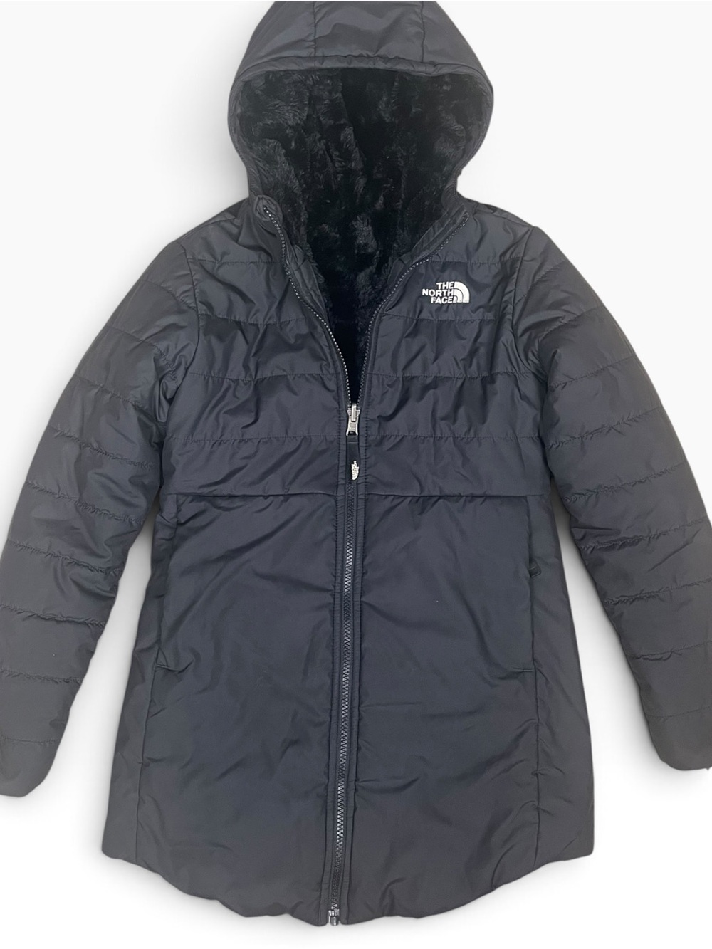 North Face Girls Reversible Mossbud Swirl Parka Jacket Size Medium Black Hooded
